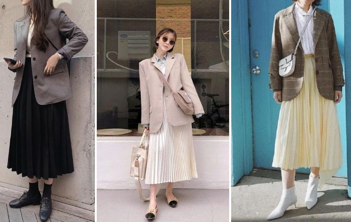 Blazer oversize kết hợp váy midi