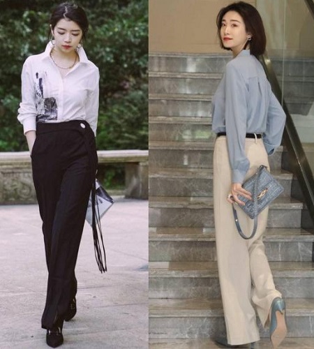 Áo sơ mi cổ điển với quần âu ống rộng